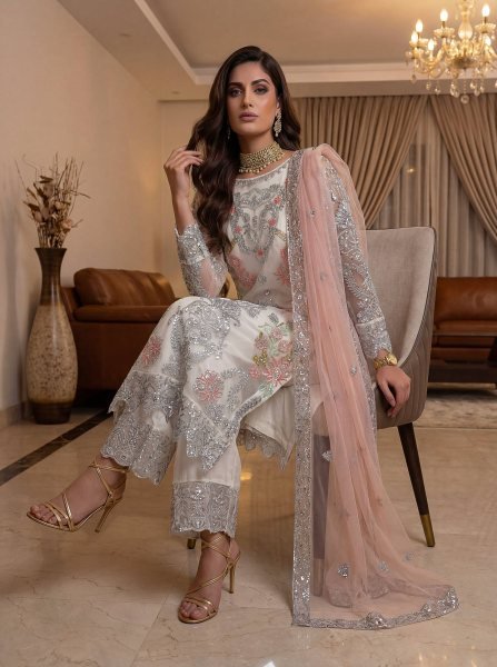 Luxurious white Heavy Net Pakistani kurta set With Duppta And Embroidery Sequence Zari Work  Ready To Wear Collection