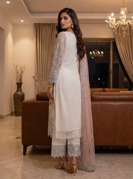 Luxurious white Heavy Net Pakistani kurta set With Duppta And Embroidery Sequence Zari Work  Ready To Wear Collection