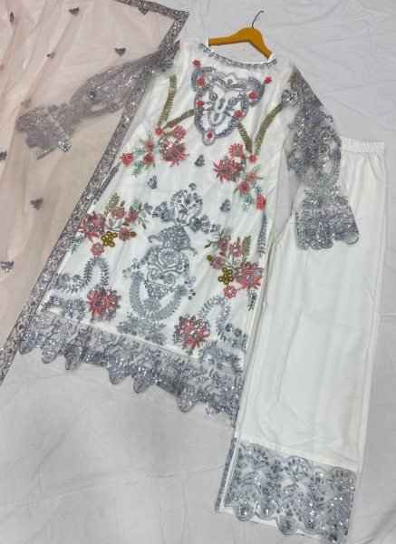 Luxurious white Heavy Net Pakistani kurta set With Duppta And Embroidery Sequence Zari Work  Ready To Wear Collection