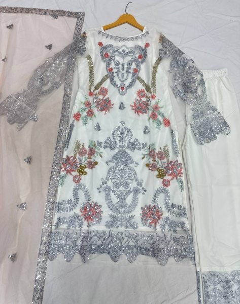 Luxurious white Heavy Net Pakistani kurta set With Duppta And Embroidery Sequence Zari Work  Ready To Wear Collection