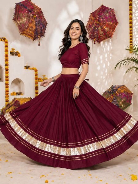 Luxurious Wine Designer Rayon Cotton Chaniya Choli for Garba and Dandiya Nights  Lehenga