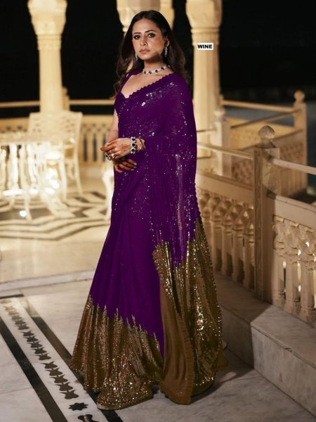 Luxurious Wine Georgette Saree with Dual Sequins Embroidery for Reception Wear Bollywood Fancy Sarees Wholesale