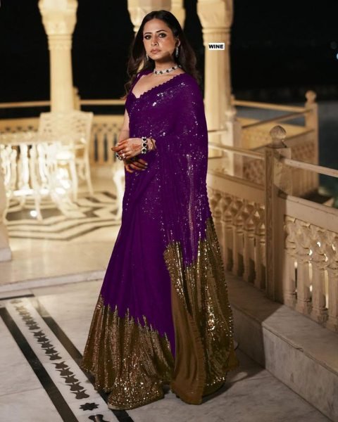 Luxurious Wine Georgette Saree with Dual Sequins Embroidery for Reception Wear Bollywood Fancy Sarees Wholesale