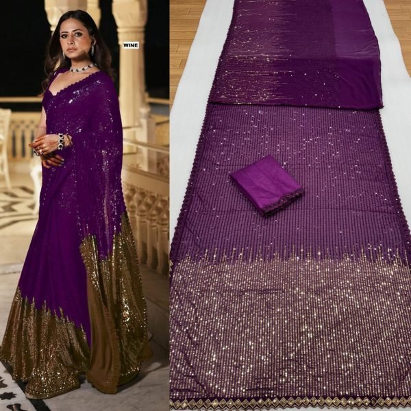 Luxurious Wine Georgette Saree with Dual Sequins Embroidery for Reception Wear Bollywood Fancy Sarees Wholesale