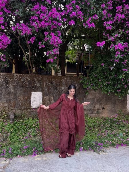 Luxurious Wine Rayon Farshi Salwar Suit with Micro Inner and Organza Dupatta 3 Piece Kurti Set