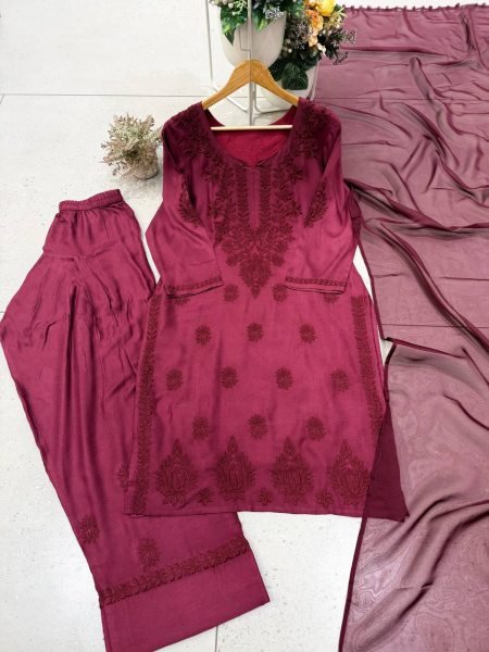 Luxurious Wine Rayon Farshi Salwar Suit with Micro Inner and Organza Dupatta 3 Piece Kurti Set