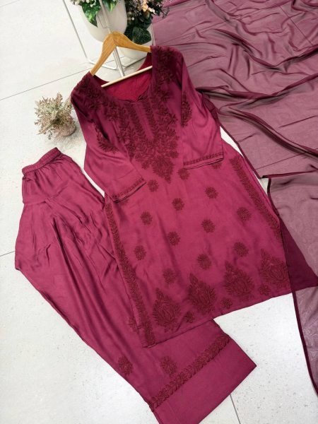 Luxurious Wine Rayon Farshi Salwar Suit with Micro Inner and Organza Dupatta 3 Piece Kurti Set