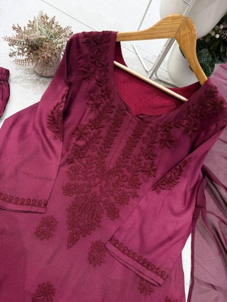 Luxurious Wine Rayon Farshi Salwar Suit with Micro Inner and Organza Dupatta 3 Piece Kurti Set