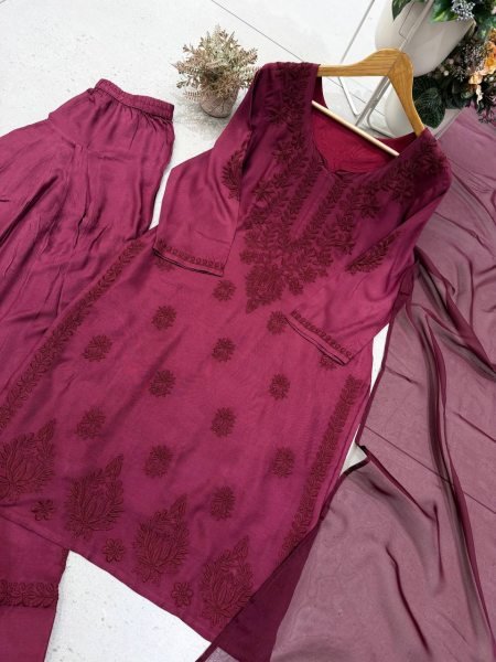 Luxurious Wine Rayon Farshi Salwar Suit with Micro Inner and Organza Dupatta 3 Piece Kurti Set