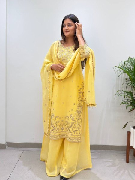Luxurious Yellow Crunchy Top Palazzo Dupatta Set With Embroidered Ethnic Wear Set for Women Ready To Wear Suit