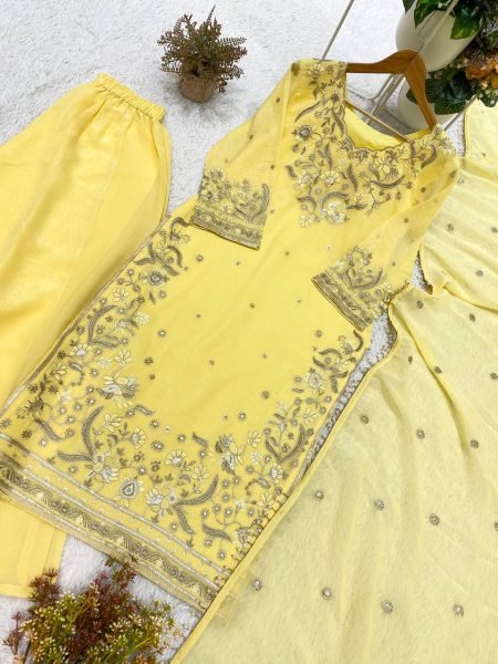 Luxurious Yellow Crunchy Top Palazzo Dupatta Set With Embroidered Ethnic Wear Set for Women Ready To Wear Collection