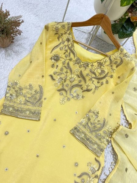 Luxurious Yellow Crunchy Top Palazzo Dupatta Set With Embroidered Ethnic Wear Set for Women Ready To Wear Collection
