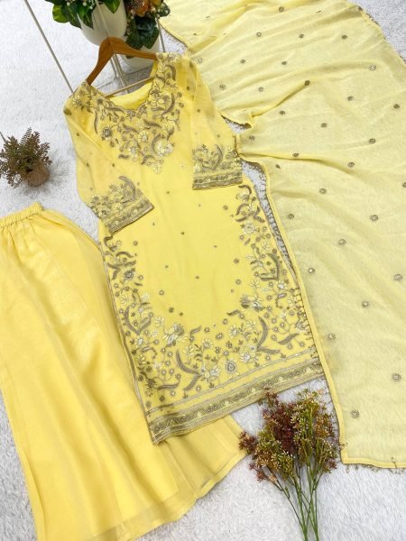Luxurious Yellow Crunchy Top Palazzo Dupatta Set With Embroidered Ethnic Wear Set for Women Ready To Wear Collection