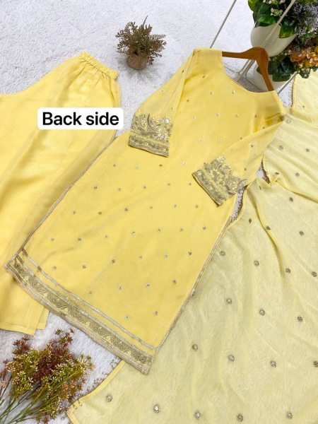 Luxurious Yellow Crunchy Top Palazzo Dupatta Set With Embroidered Ethnic Wear Set for Women Ready To Wear Collection