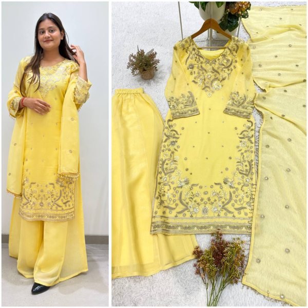 Luxurious Yellow Crunchy Top Palazzo Dupatta Set With Embroidered Ethnic Wear Set for Women Ready To Wear Collection