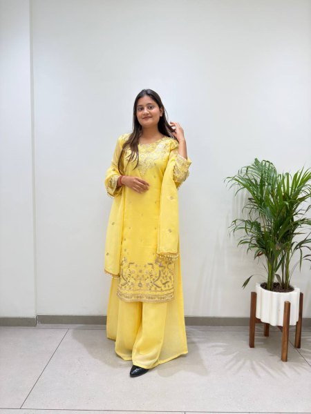 Luxurious Yellow Crunchy Top Palazzo Dupatta Set With Embroidered Ethnic Wear Set for Women Ready To Wear Collection