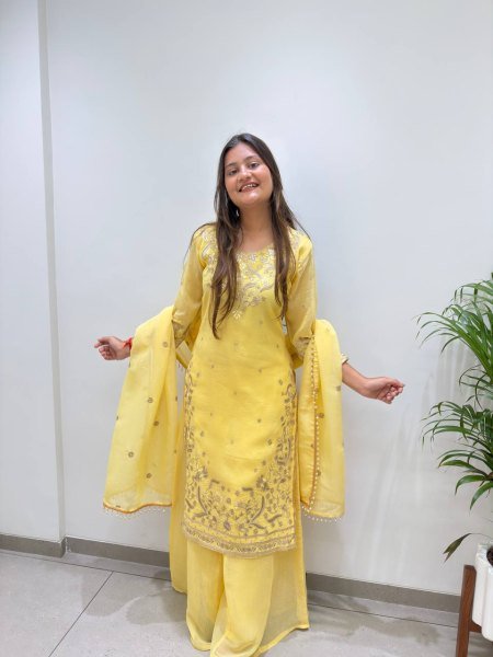Luxurious Yellow Crunchy Top Palazzo Dupatta Set With Embroidered Ethnic Wear Set for Women Ready To Wear Collection