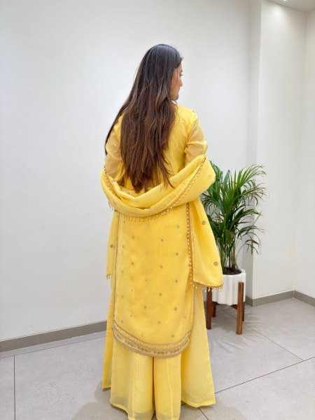 Luxurious Yellow Crunchy Top Palazzo Dupatta Set With Embroidered Ethnic Wear Set for Women Ready To Wear Collection