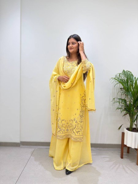 Luxurious Yellow Crunchy Top Palazzo Dupatta Set With Embroidered Ethnic Wear Set for Women Ready To Wear Collection