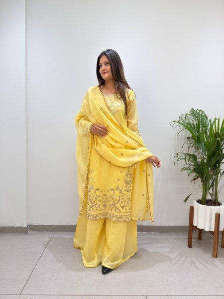 Luxurious Yellow Crunchy Top Palazzo Dupatta Set With Embroidered Ethnic Wear Set for Women Ready To Wear Collection
