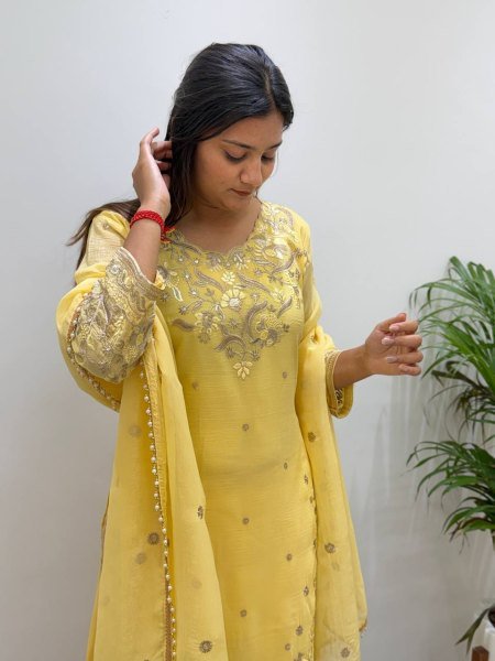 Luxurious Yellow Crunchy Top Palazzo Dupatta Set With Embroidered Ethnic Wear Set for Women Ready To Wear Collection