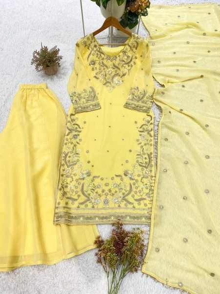Luxurious Yellow Crunchy Top Palazzo Dupatta Set With Embroidered Ethnic Wear Set for Women Ready To Wear Collection