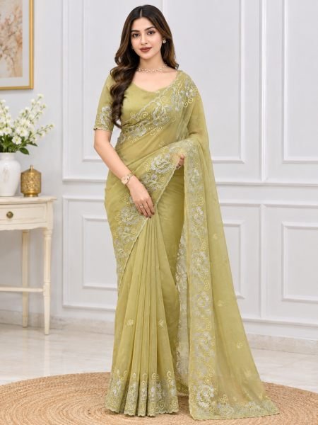 Luxurious Olive Party Wear Melbourne Silk Saree with Self Embroidery Work Sarees 