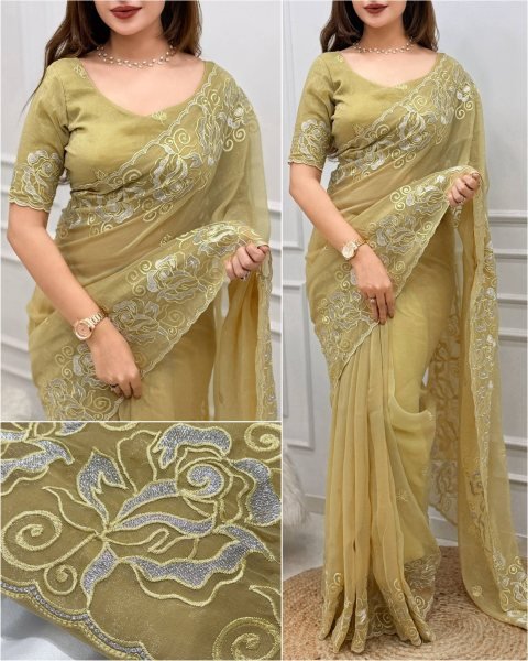 Luxurious Olive Party Wear Melbourne Silk Saree with Self Embroidery Work Silk Sarees Wholesale
