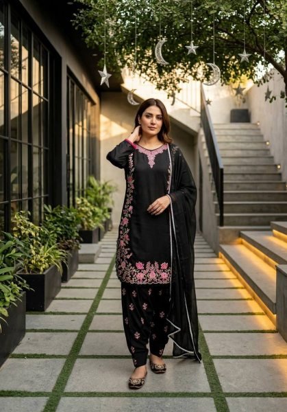 Luxury Black Heavy Roman Silk Embroidered Three Piece Suit Collection with Four Side Lace Border Dupatta Ready To Wear Collection