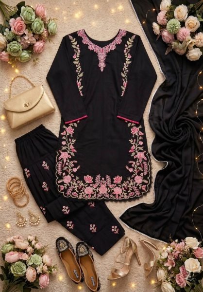 Luxury Black Heavy Roman Silk Embroidered Three Piece Suit Collection with Four Side Lace Border Dupatta Ready To Wear Collection