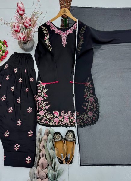 Luxury Black Heavy Roman Silk Embroidered Three Piece Suit Collection with Four Side Lace Border Dupatta Ready To Wear Collection