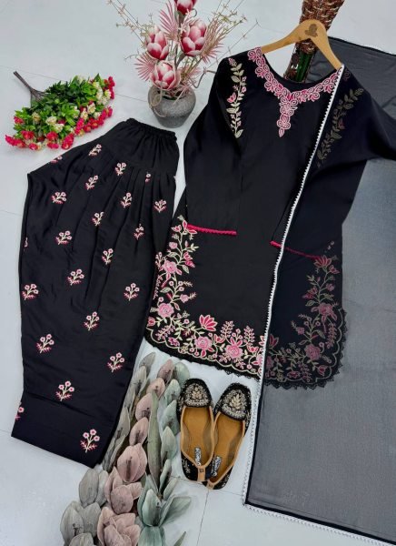 Luxury Black Heavy Roman Silk Embroidered Three Piece Suit Collection with Four Side Lace Border Dupatta Ready To Wear Collection