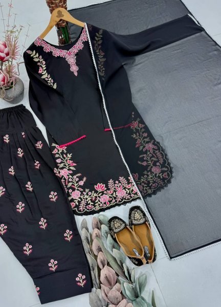 Luxury Black Heavy Roman Silk Embroidered Three Piece Suit Collection with Four Side Lace Border Dupatta Ready To Wear Collection