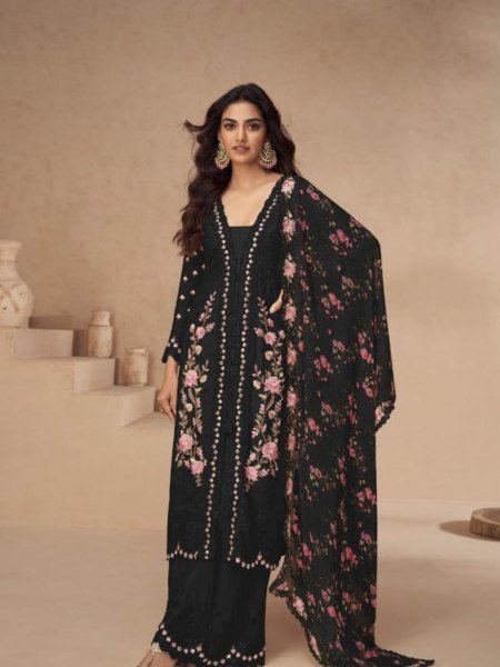 Luxury Black Vichitra Sharara Set with Heavy Embroidery   Floral Dupatta Ready to Wear Party Look Salwar Kameez