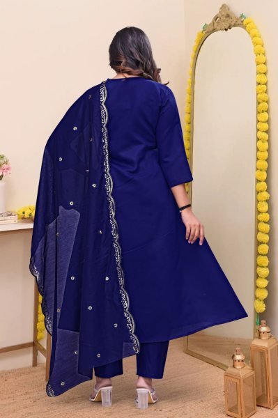 Luxury Chanderi Silk V nack Kurta Pant Set with Embroidery and Embroidered Dupatta for Festive Collection Embroidery Kurtis 