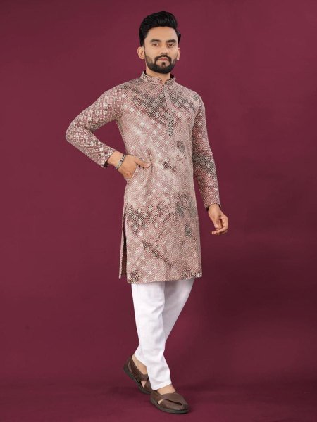 Luxury Chikankari Kurta Set for Men Soft Rayon in Pink Tone Mens Wear