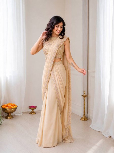 Luxury Cream Attached Pallu Lehenga Collection at Manufacturer Price for Women Sarees 