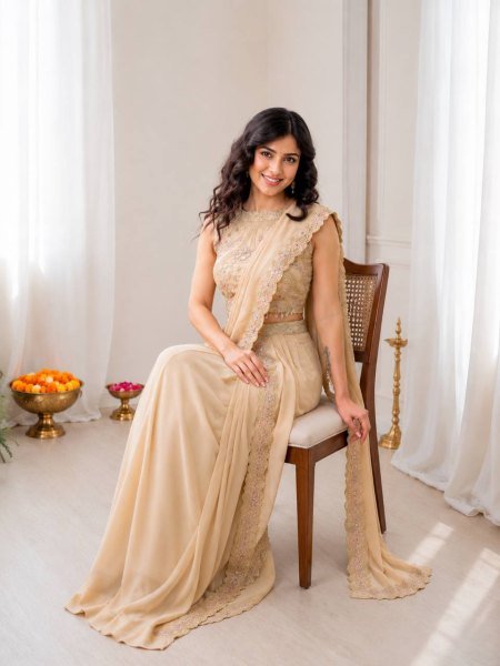 Luxury Cream Attached Pallu Lehenga Collection at Manufacturer Price for Women Ready To Wear Saree 