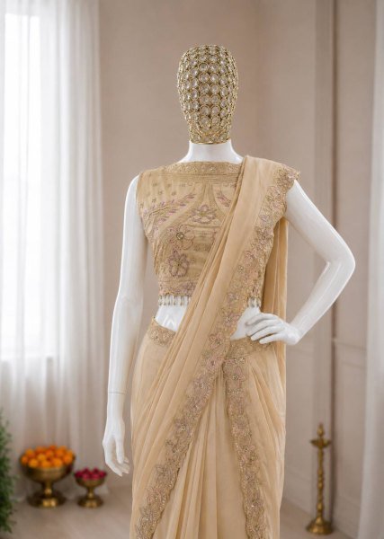 Luxury Cream Attached Pallu Lehenga Collection at Manufacturer Price for Women Ready To Wear Saree 