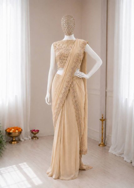 Luxury Cream Attached Pallu Lehenga Collection at Manufacturer Price for Women Ready To Wear Saree 