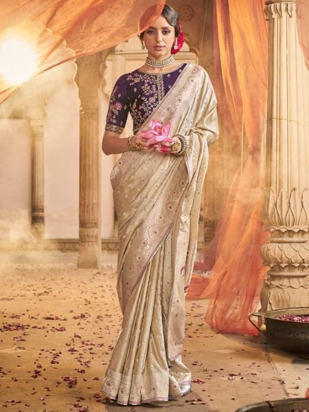 Luxury Cream Satin Saree with Contrast Blouse and Beautiful Lace Border at Wholesale Rate 