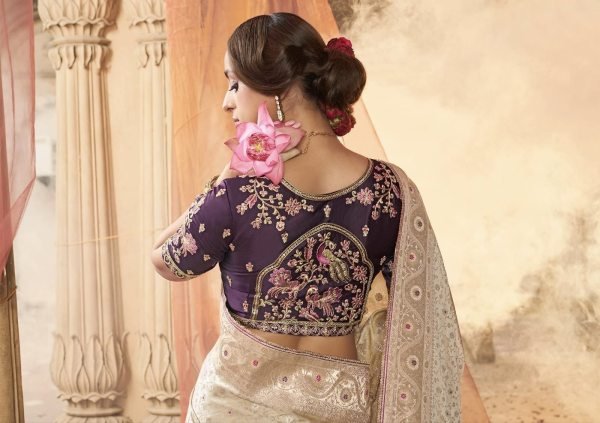 Luxury Cream Satin Saree with Contrast Blouse and Beautiful Lace Border at Wholesale Rate Designer Wedding Sarees Wholesale