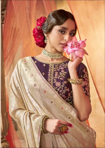 Luxury Cream Satin Saree with Contrast Blouse and Beautiful Lace Border at Wholesale Rate Designer Wedding Sarees Wholesale
