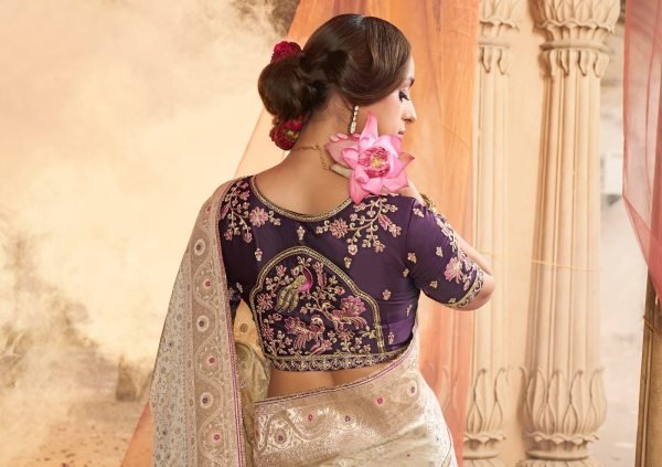 Luxury Cream Satin Saree with Contrast Blouse and Beautiful Lace Border at Wholesale Rate Designer Wedding Sarees Wholesale