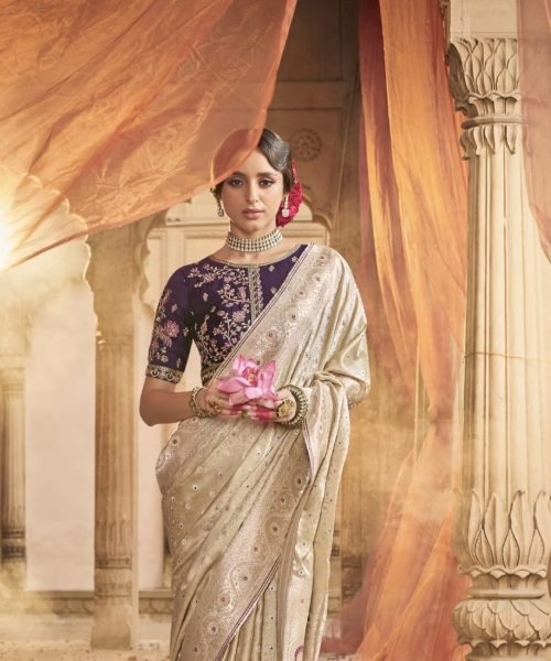 Luxury Cream Satin Saree with Contrast Blouse and Beautiful Lace Border at Wholesale Rate Designer Wedding Sarees Wholesale