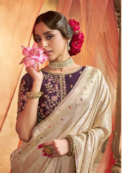 Luxury Cream Satin Saree with Contrast Blouse and Beautiful Lace Border at Wholesale Rate Designer Wedding Sarees Wholesale
