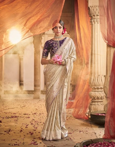 Luxury Cream Satin Saree with Contrast Blouse and Beautiful Lace Border at Wholesale Rate Designer Wedding Sarees Wholesale