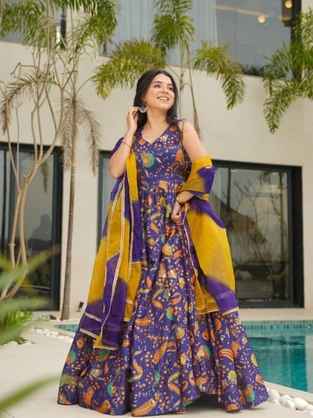 Luxury Digital Printed Tabby Silk Anarkali Gown Ready to Wear with Elegant Printed Dupatta Anarkali Kurtis 