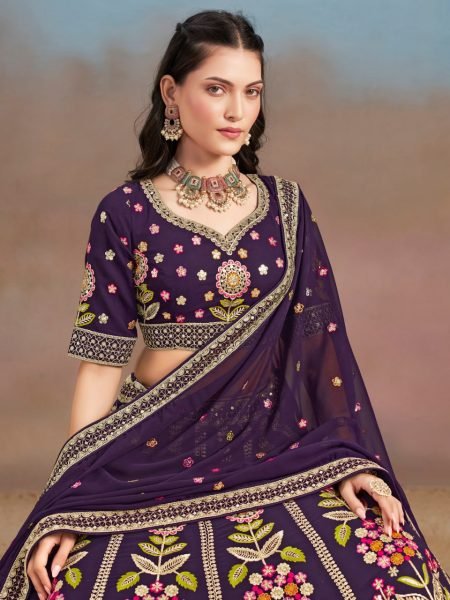 Floral Luxe Wine Georgette Bridal Lehenga with Multi Thread Embroidery  For Wedding Bridal Lehenga Choli