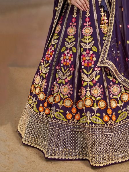 Floral Luxe Wine Georgette Bridal Lehenga with Multi Thread Embroidery  For Wedding Bridal Lehenga Choli